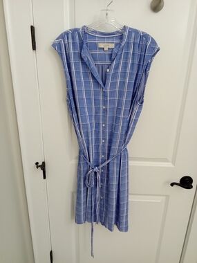 Loft Blue Plaid Button-Front Tie-Waist Dress